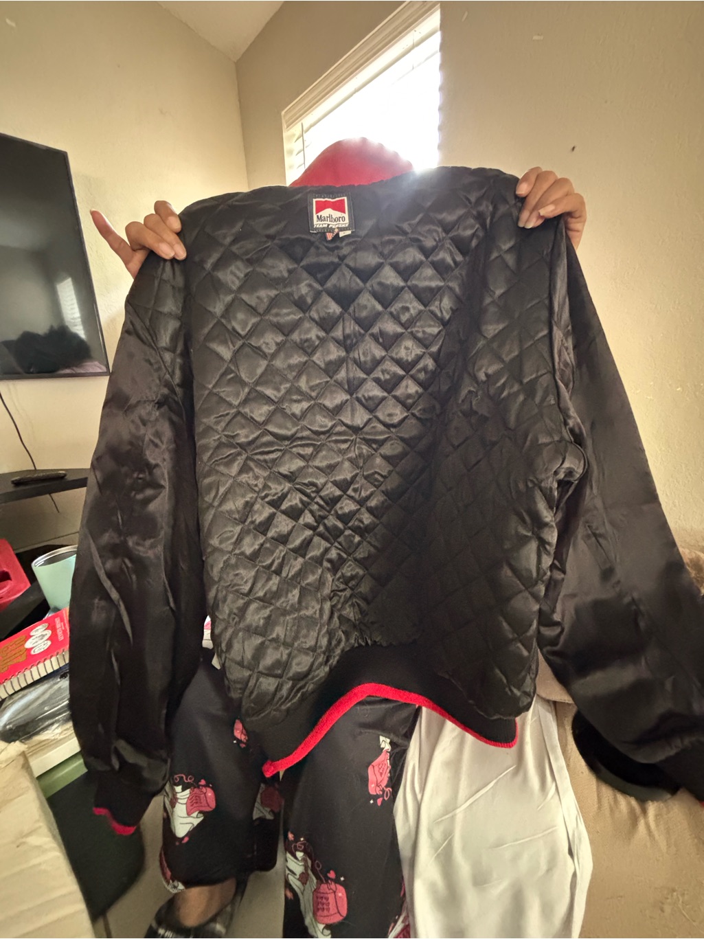 Marlboro Black Quilted Satin Jacket With Red Accents
